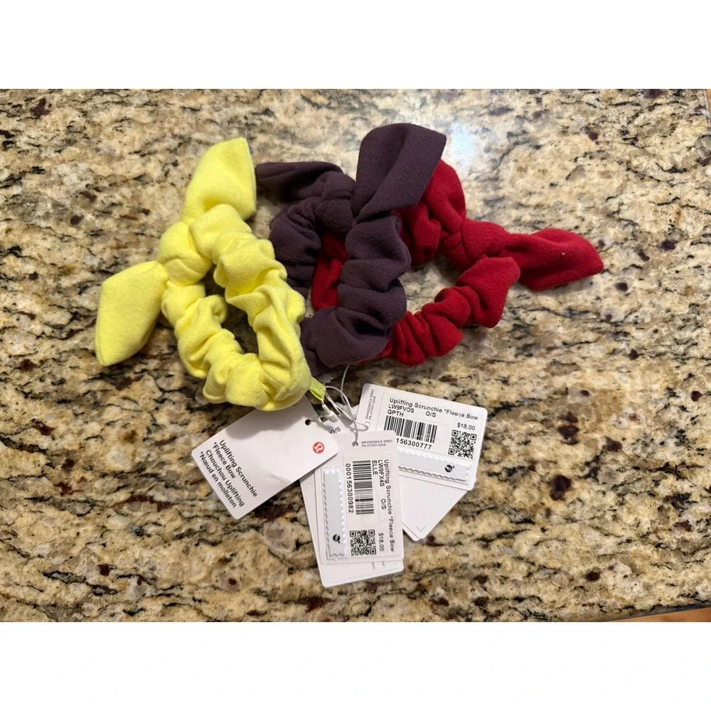 Lot Of 3 Lululemon Uplifting‎ Scrunchie *Fleece Bow Purple Red Electric Yellow